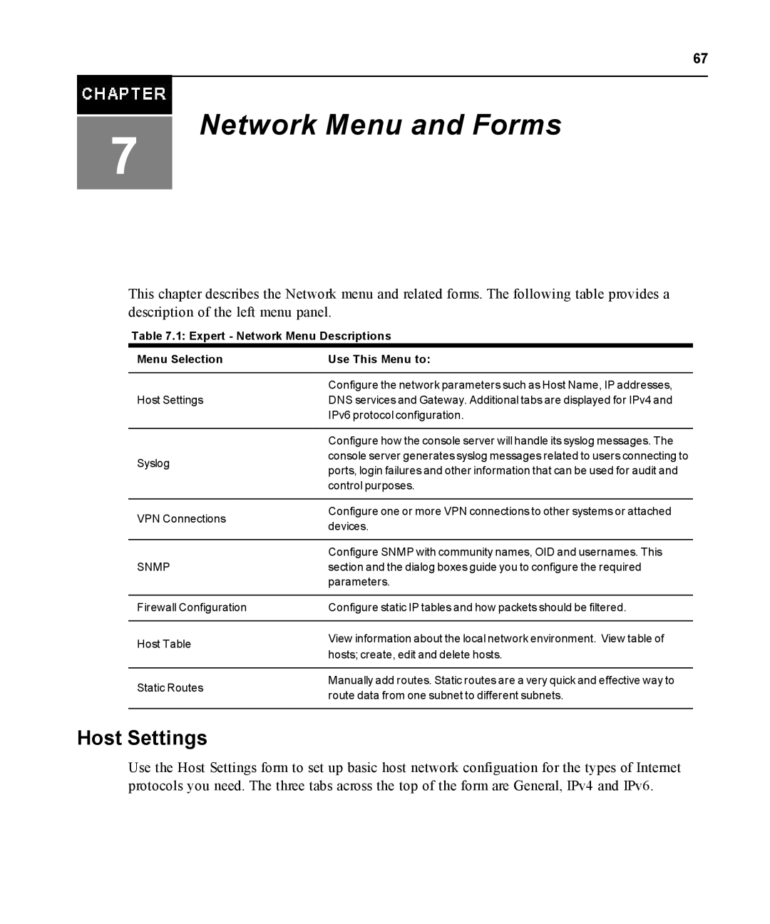 Avocent ACS 5000 manual Host Settings, Expert Network Menu Descriptions Menu Selection 