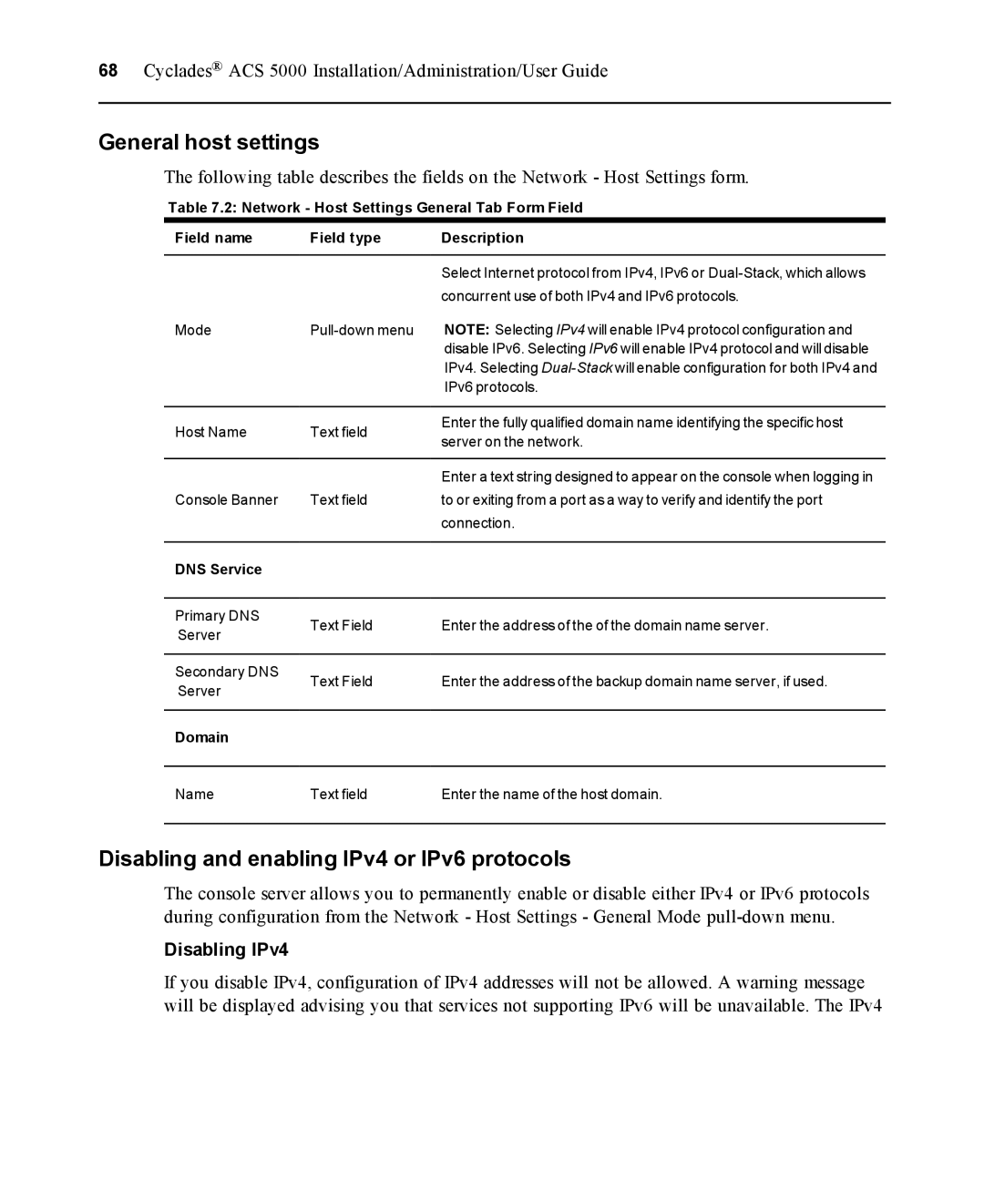 Avocent ACS 5000 General host settings, Disabling and enabling IPv4 or IPv6 protocols, Disabling IPv4, DNS Service, Domain 