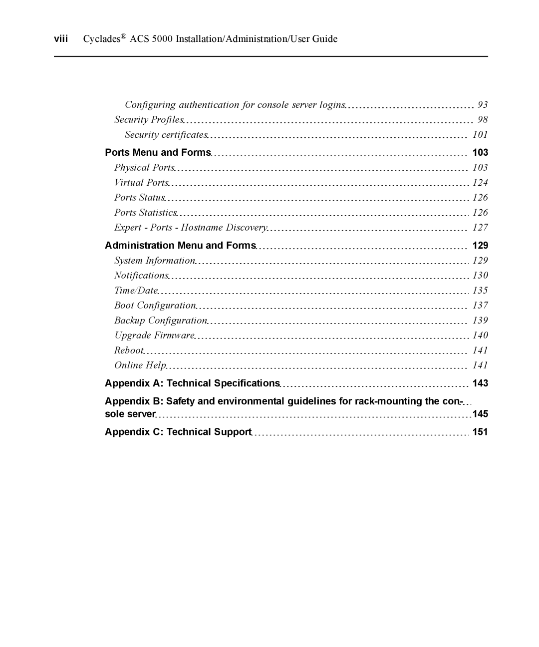 Avocent ACS 5000 manual Appendix a Technical Specifications 143 