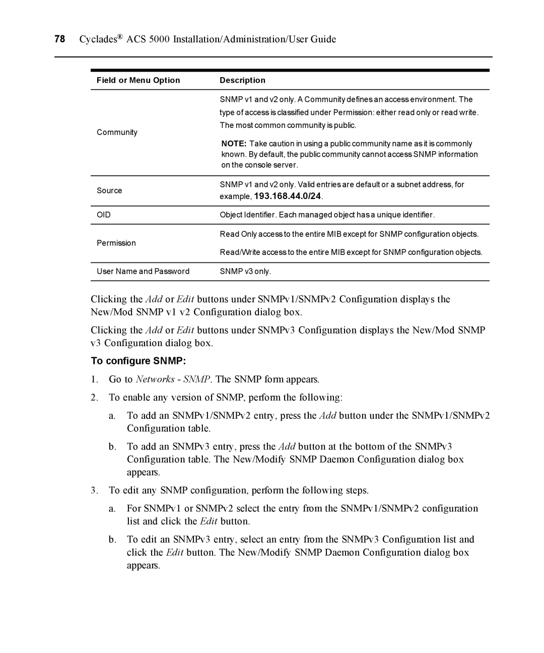 Avocent ACS 5000 manual To configure Snmp, Example, 193.168.44.0/24 