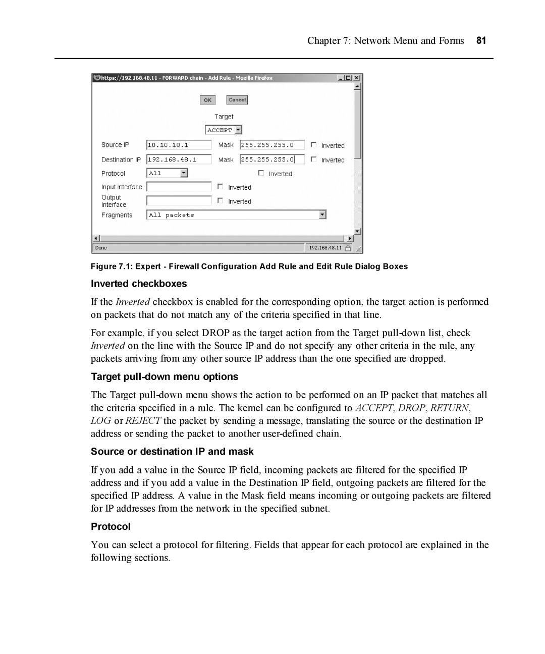 Avocent ACS 5000 manual Inverted checkboxes, Target pull-down menu options, Source or destination IP and mask, Protocol 