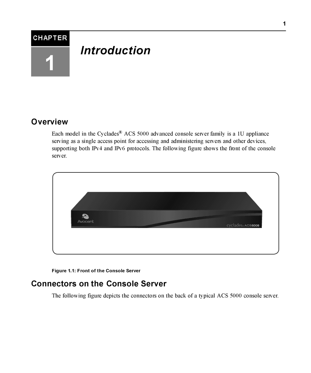 Avocent ACS 5000 manual Overview, Connectors on the Console Server 