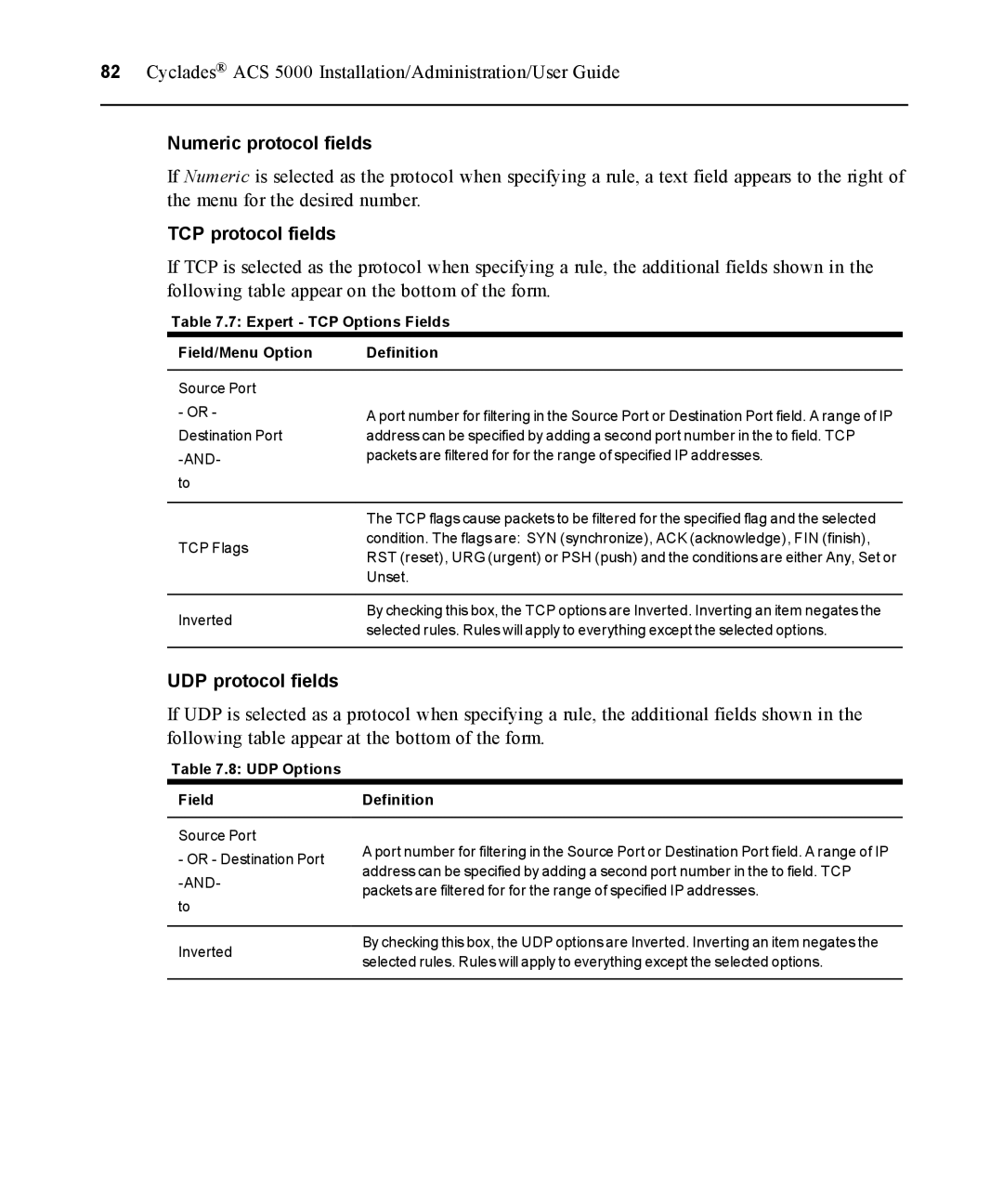 Avocent ACS 5000 manual Numeric protocol fields, TCP protocol fields, UDP protocol fields, UDP Options Field 