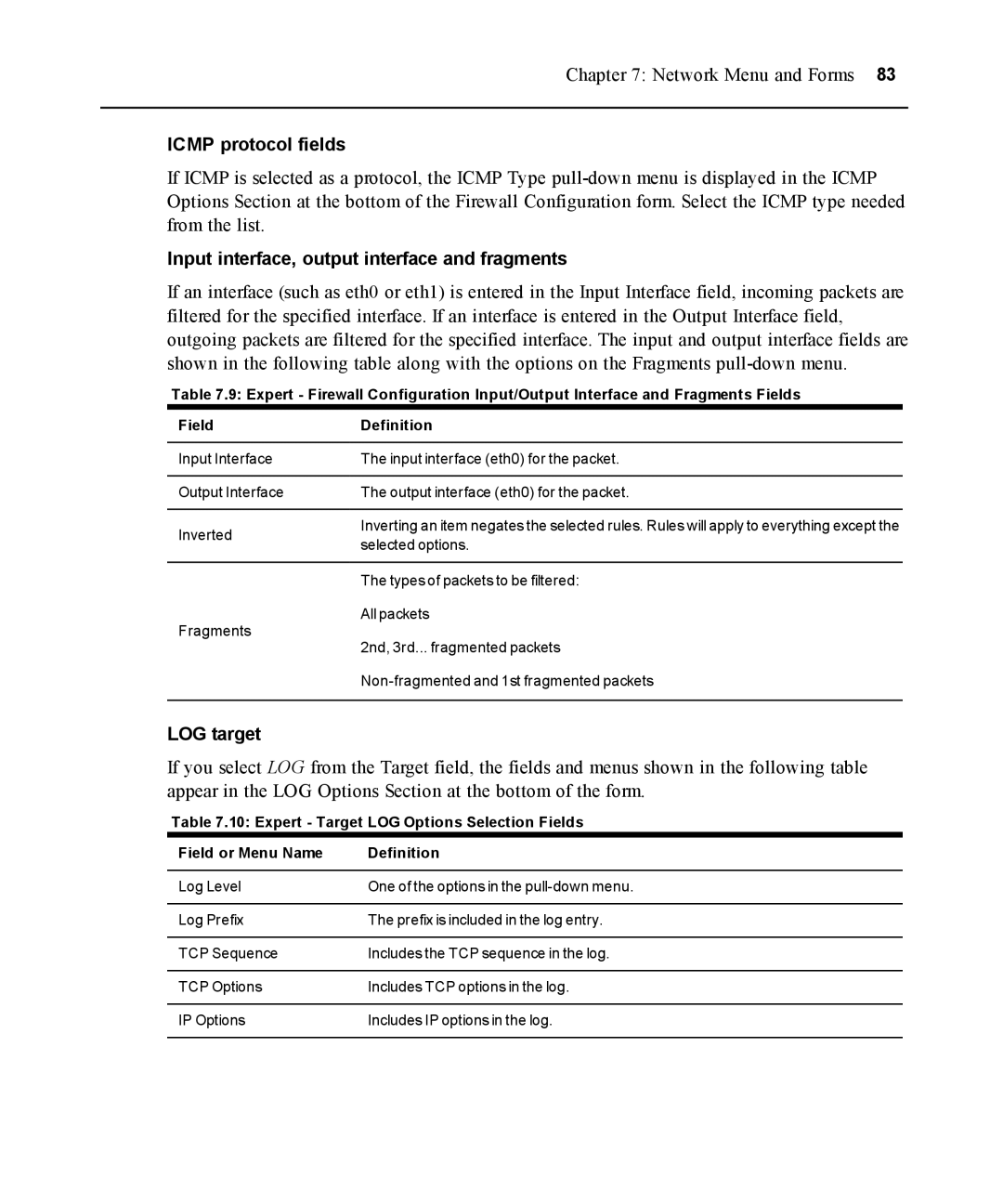 Avocent ACS 5000 manual Icmp protocol fields, Input interface, output interface and fragments, LOG target 