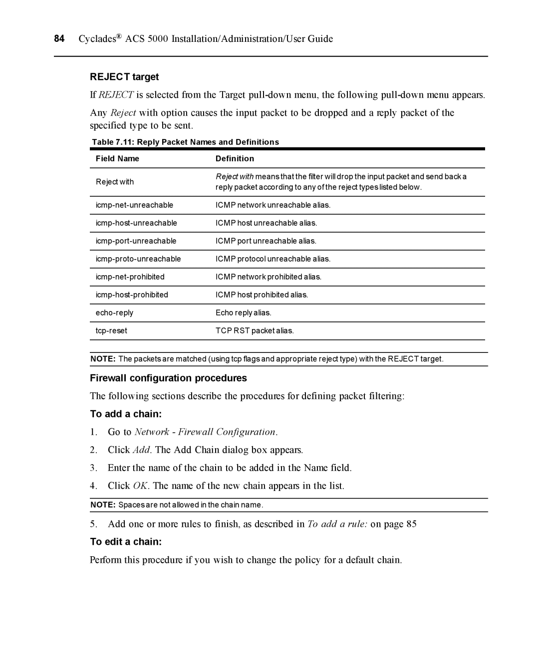 Avocent ACS 5000 manual Reject target, Firewall configuration procedures, To add a chain, To edit a chain 