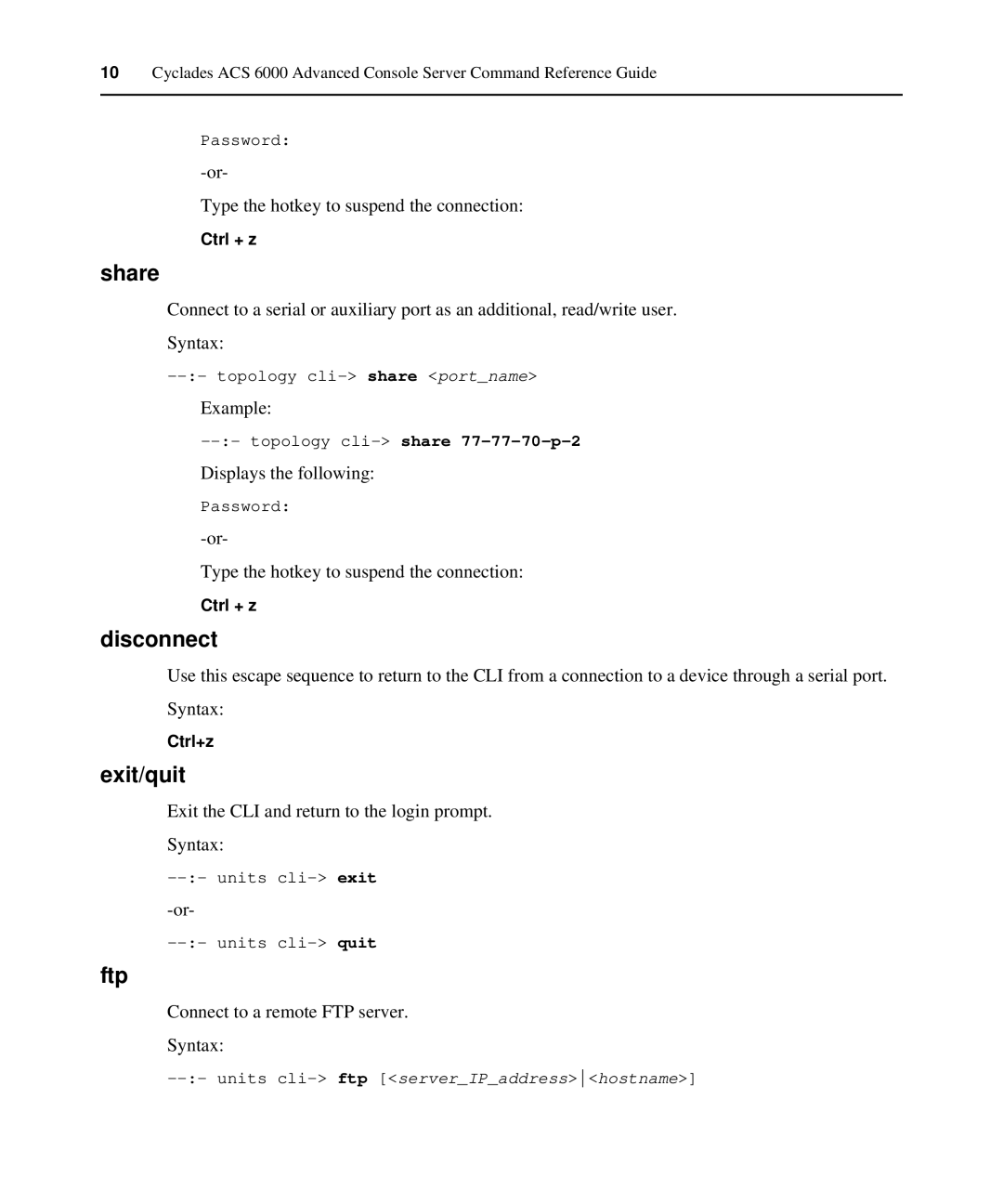 Avocent ACS 6000 manual Share, Disconnect, Exit/quit, Ftp 