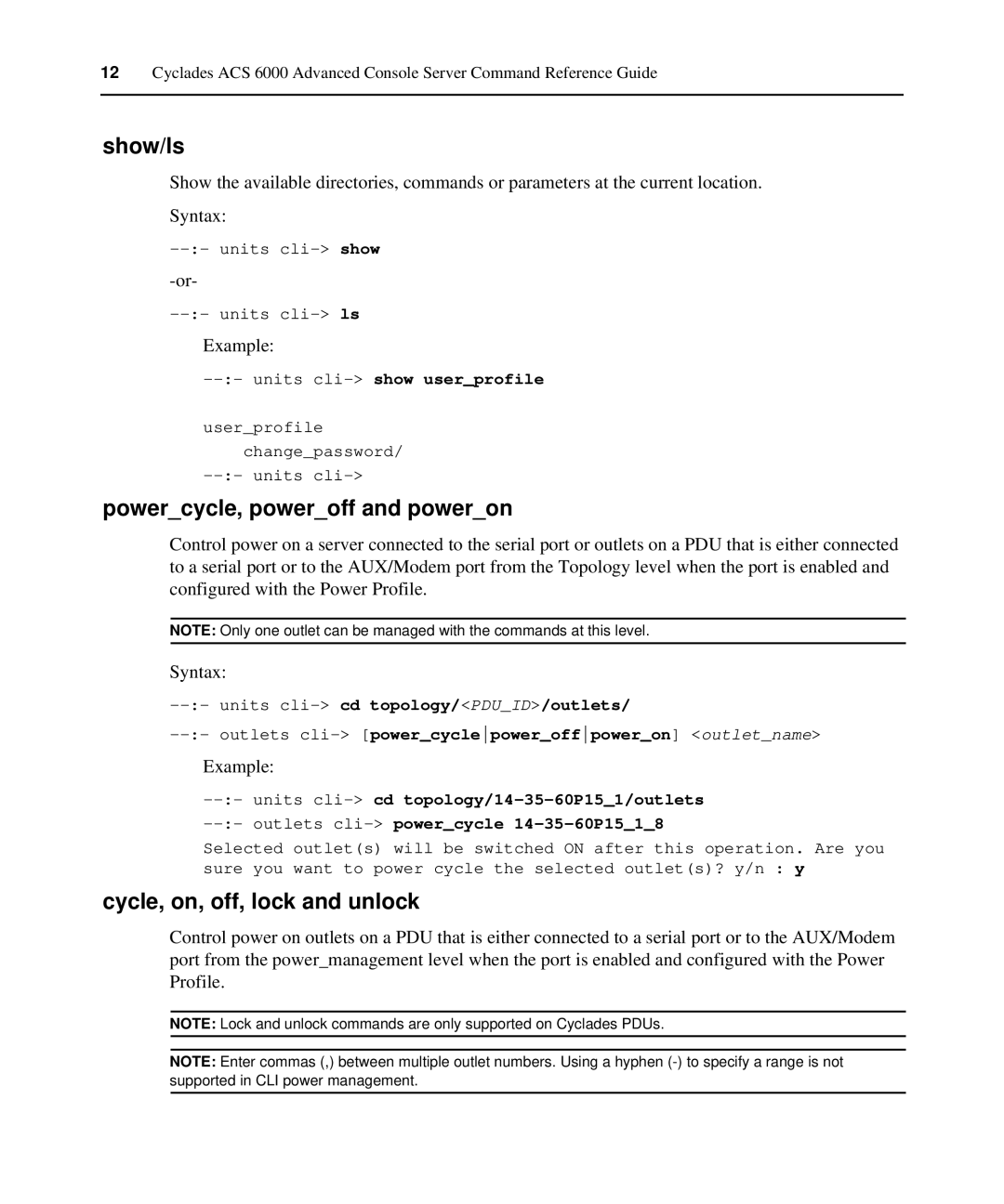 Avocent ACS 6000 manual Show/ls, Powercycle, poweroff and poweron, Cycle, on, off, lock and unlock 