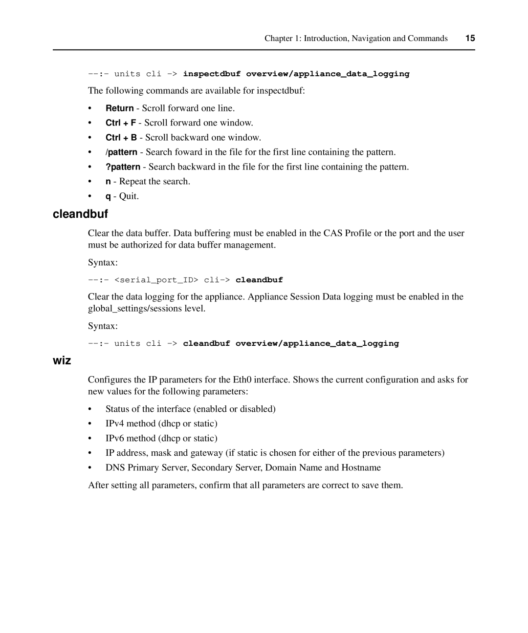 Avocent ACS 6000 manual Cleandbuf, Wiz, Units cli -inspectdbuf overview/appliancedatalogging 