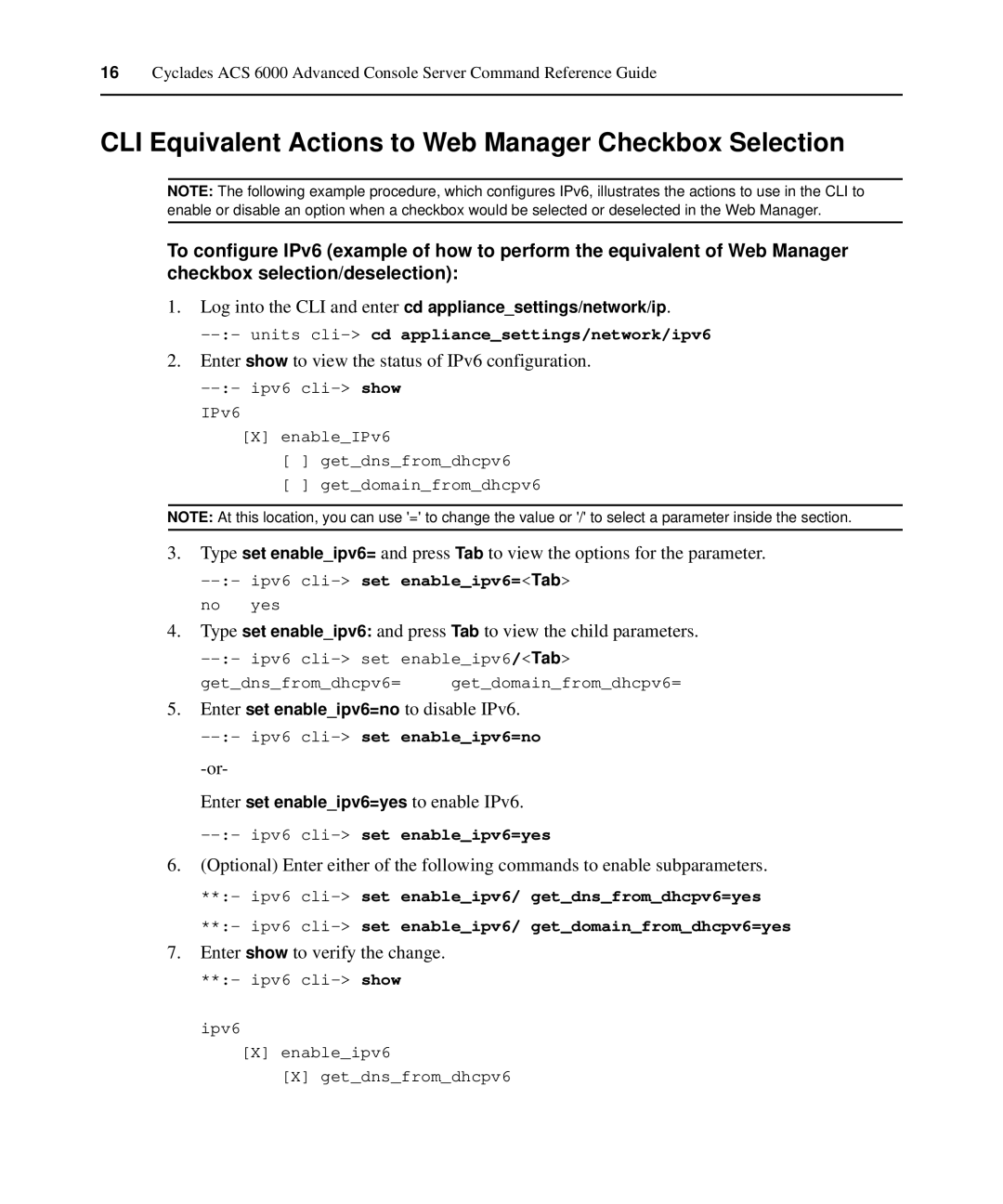 Avocent ACS 6000 manual CLI Equivalent Actions to Web Manager Checkbox Selection, Enter set enableipv6=no to disable IPv6 