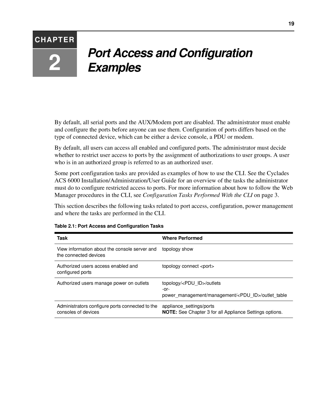 Avocent ACS 6000 manual Port Access and Configuration Examples, Port Access and Configuration Tasks Where Performed 