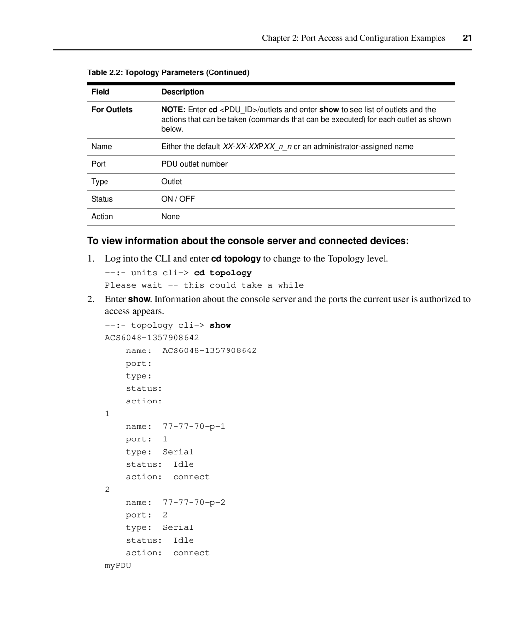 Avocent ACS 6000 manual Port Access and Configuration Examples, Topology Parameters Field Description For Outlets 