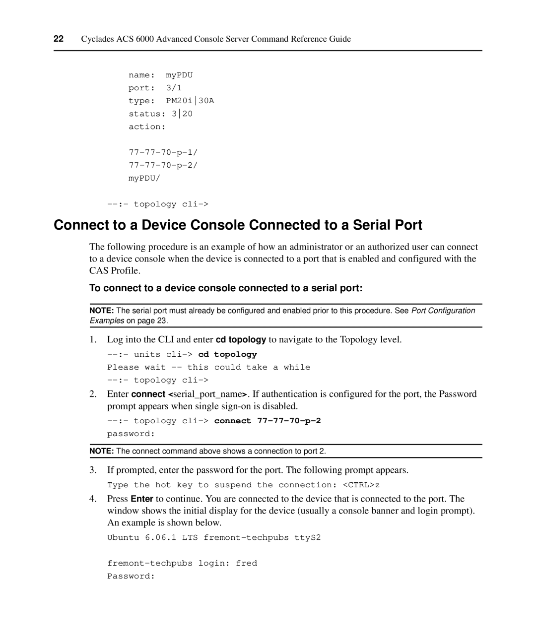 Avocent ACS 6000 manual Connect to a Device Console Connected to a Serial Port, Topology cli-connect 77-77-70-p-2 password 