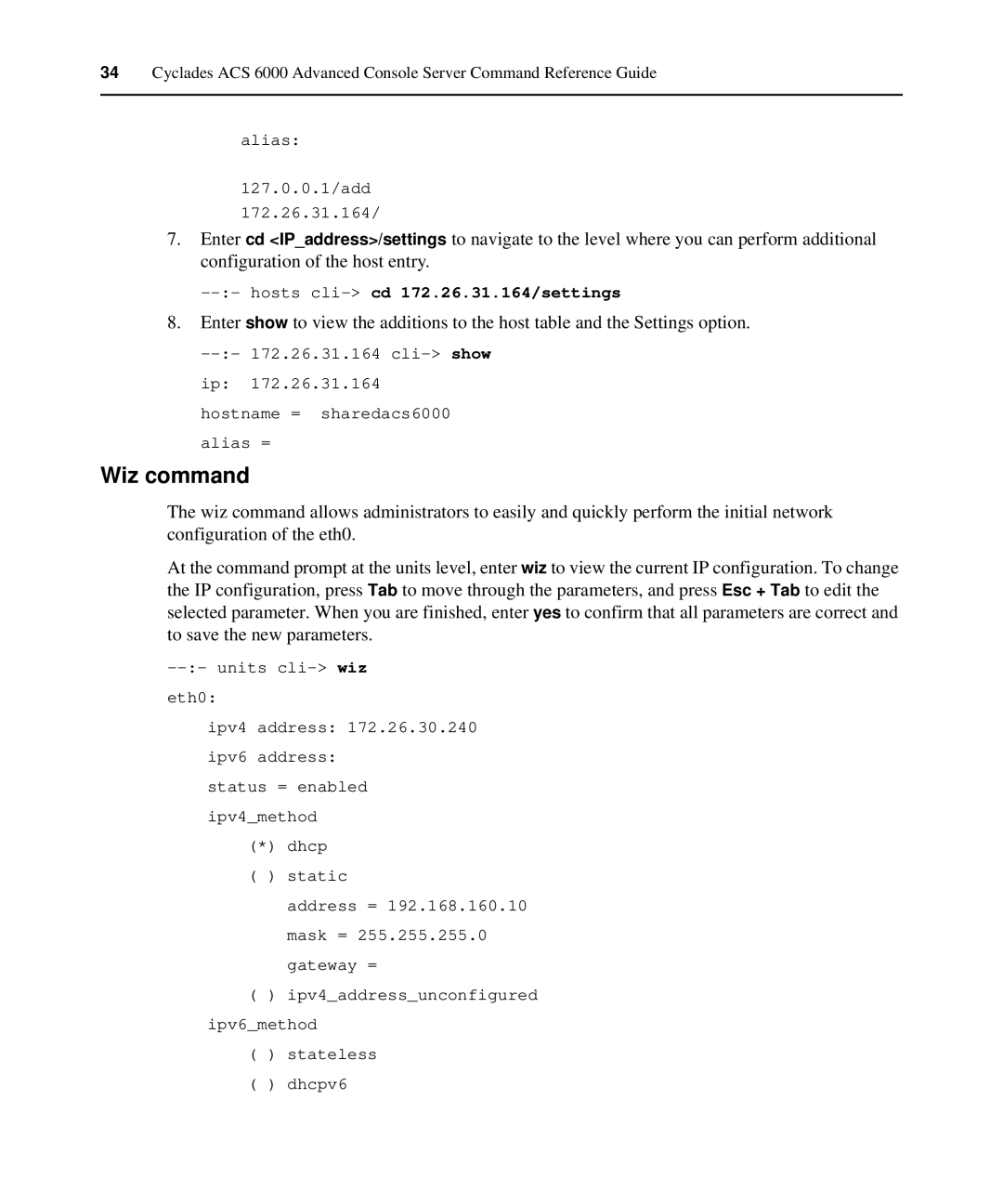 Avocent ACS 6000 manual Wiz command, Hosts cli-cd 172.26.31.164/settings 