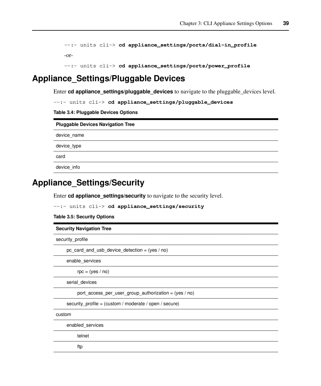 Avocent ACS 6000 ApplianceSettings/Pluggable Devices, ApplianceSettings/Security, Units cli-cd appliancesettings/security 