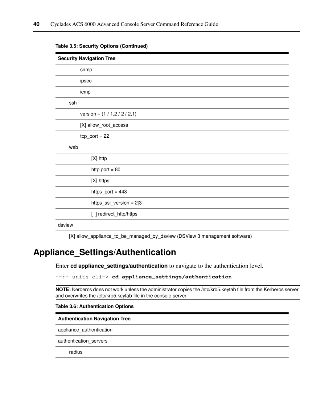 Avocent ACS 6000 manual ApplianceSettings/Authentication, Units cli-cd appliancesettings/authentication 