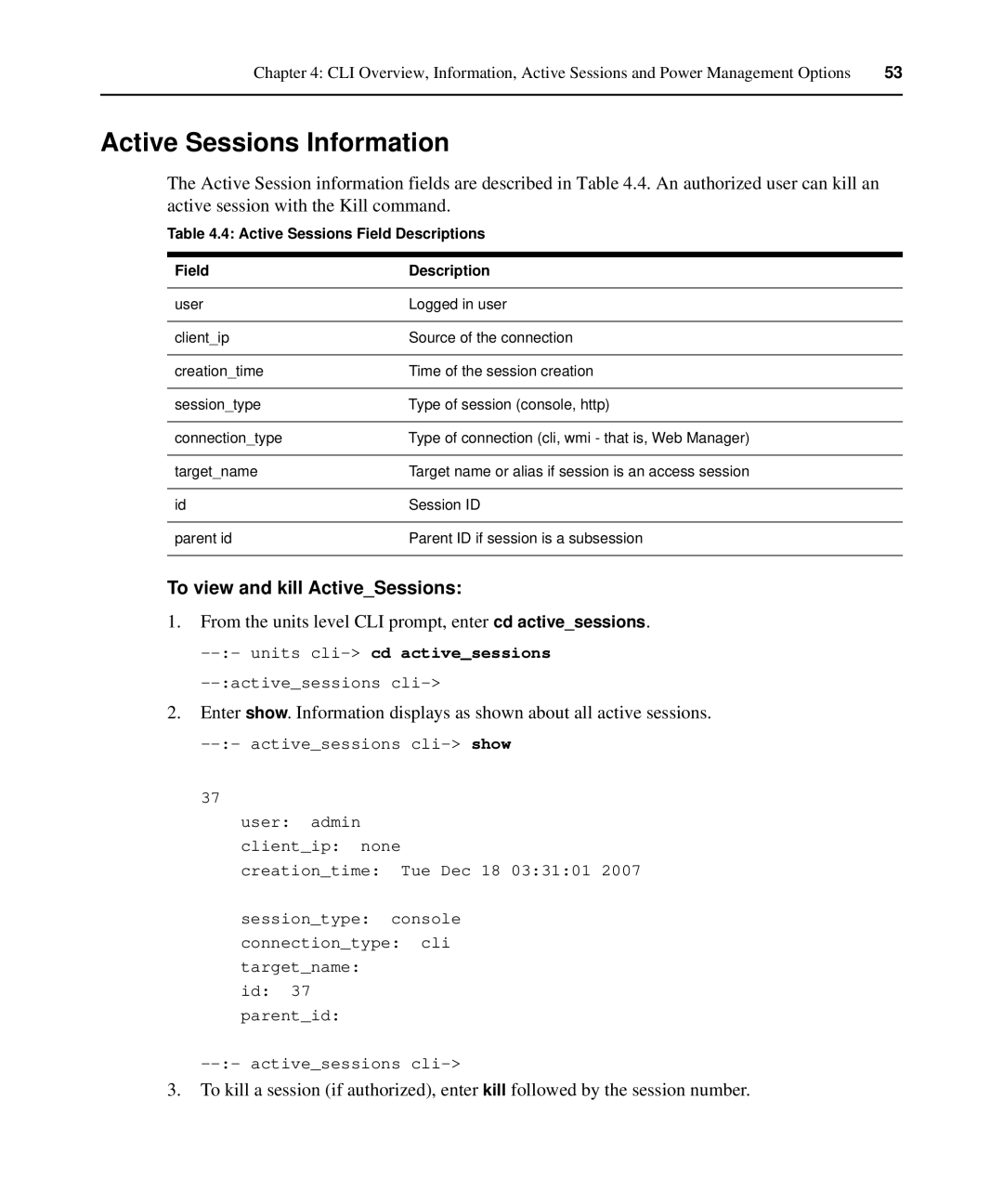 Avocent ACS 6000 manual Active Sessions Information, To view and kill ActiveSessions, Active Sessions Field Descriptions 