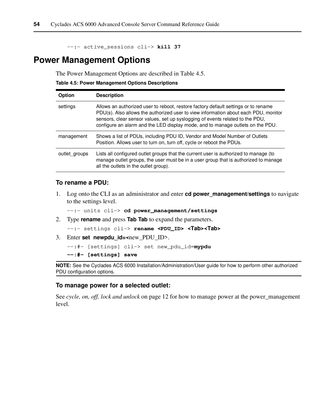 Avocent ACS 6000 manual Power Management Options, To rename a PDU, To manage power for a selected outlet 