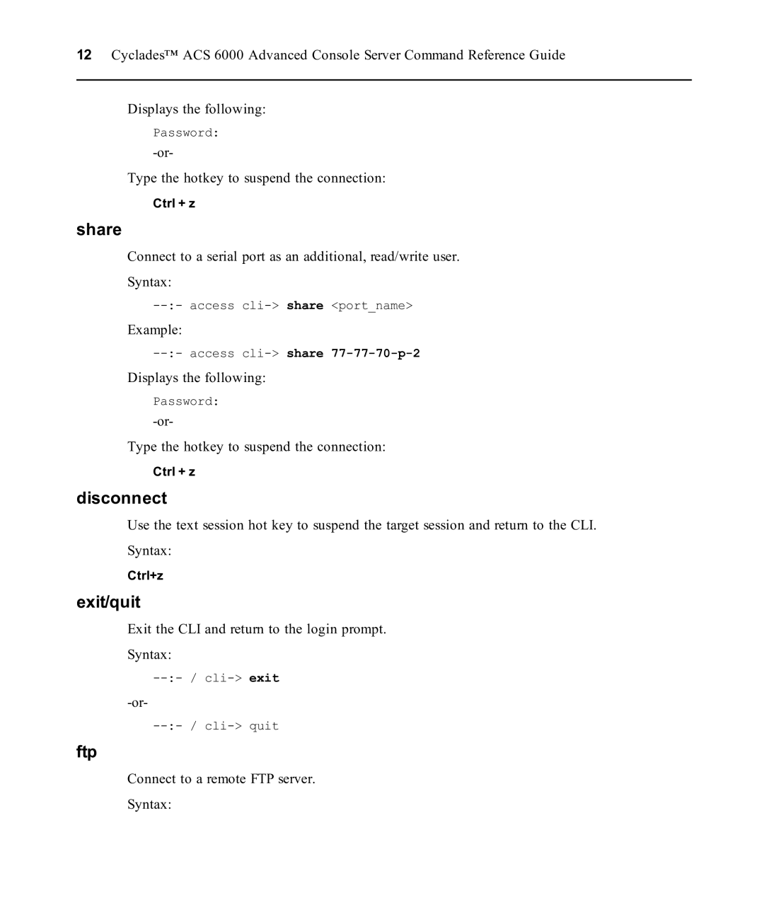 Avocent ACS 6000 manual Share, Disconnect, Exit/quit, Ftp 