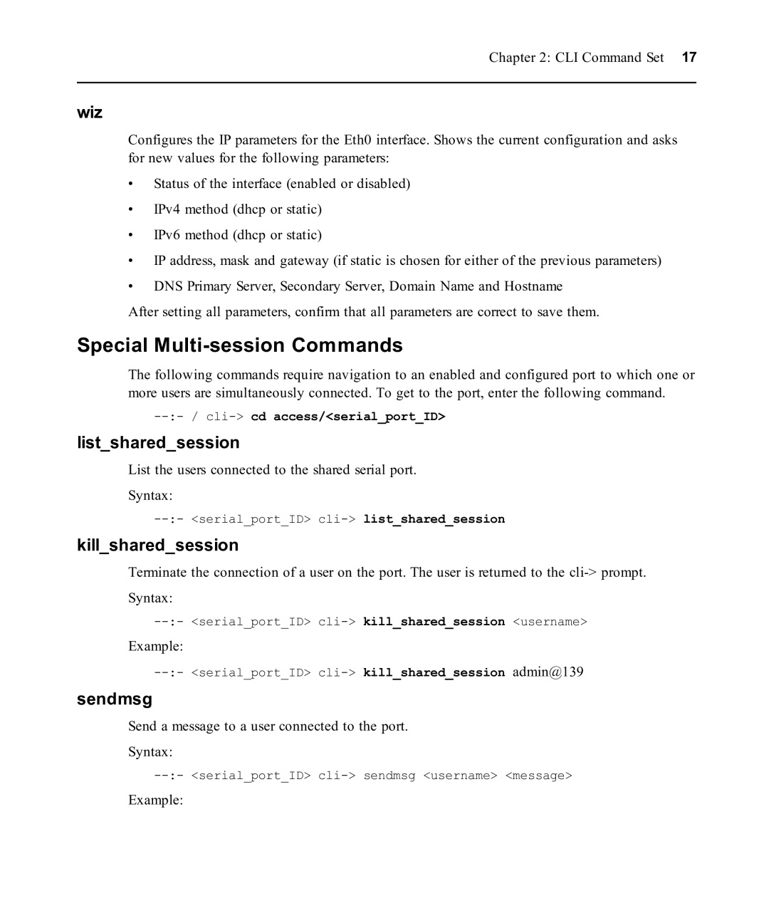 Avocent ACS 6000 manual Special Multi-session Commands, Wiz, Listsharedsession, Killsharedsession, Sendmsg 