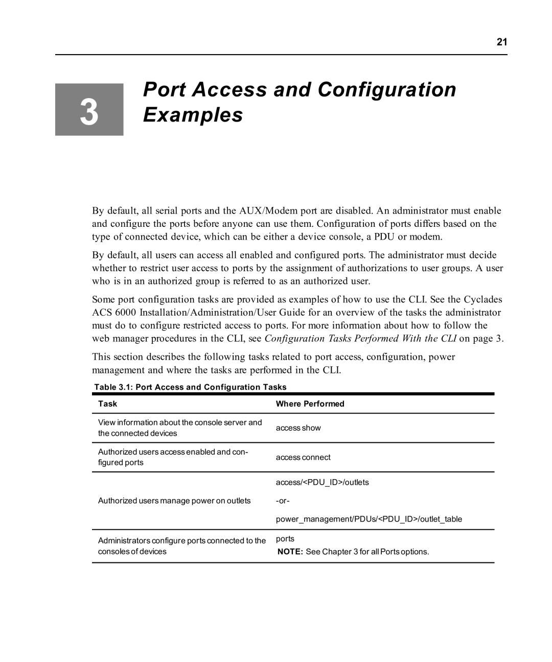 Avocent ACS 6000 manual Port Access and Configuration Examples, Port Access and Configuration Tasks 