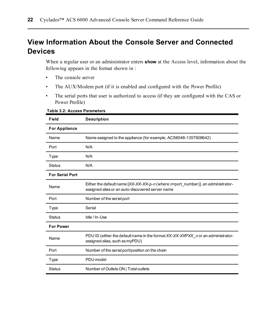 Avocent ACS 6000 manual Access Parameters Field Description For Appliance, For Serial Port, For Power 