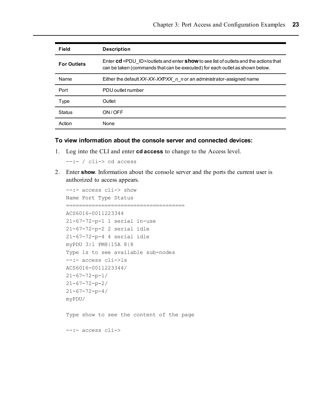 Avocent ACS 6000 manual Port Access and Configuration Examples, Field For Outlets 