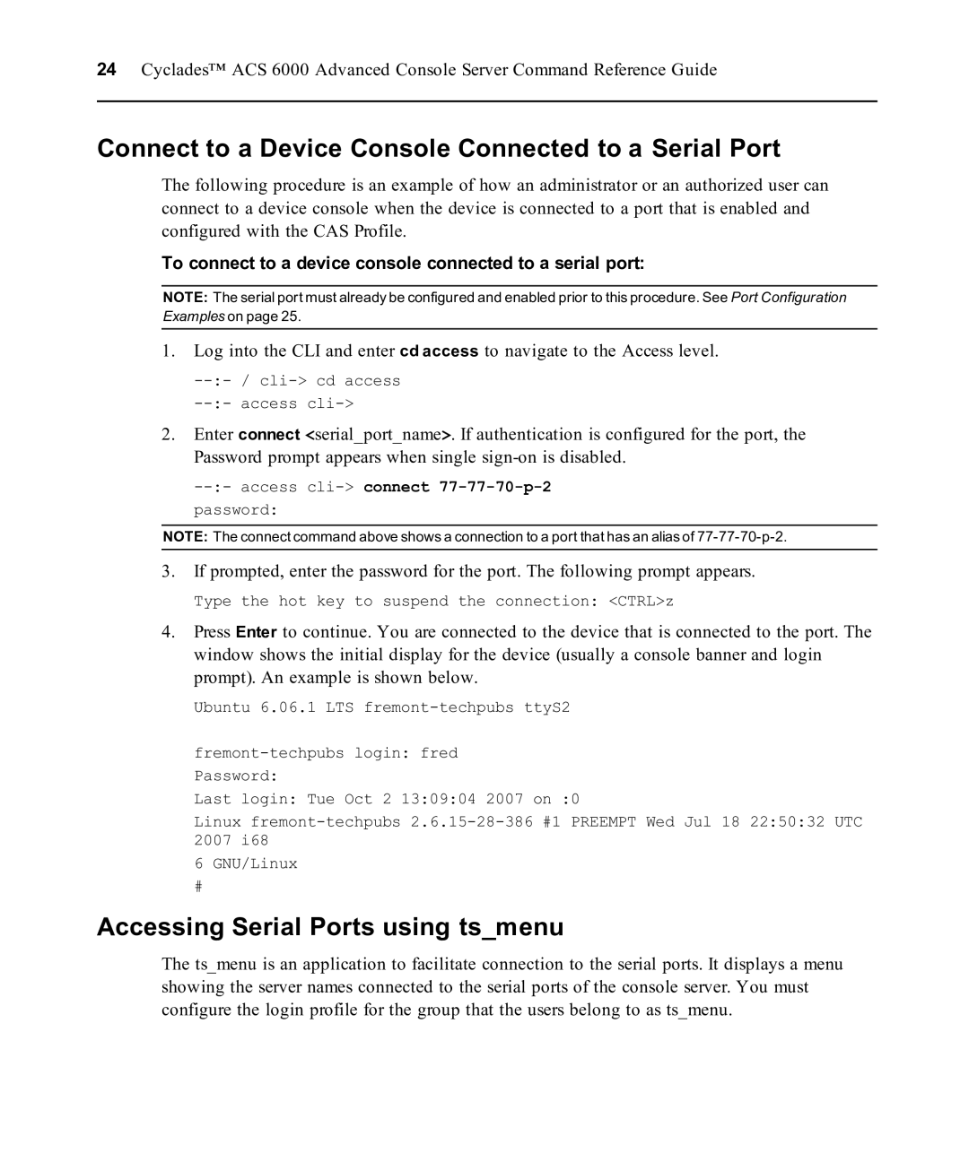 Avocent ACS 6000 manual Connect to a Device Console Connected to a Serial Port, Accessing Serial Ports using tsmenu 