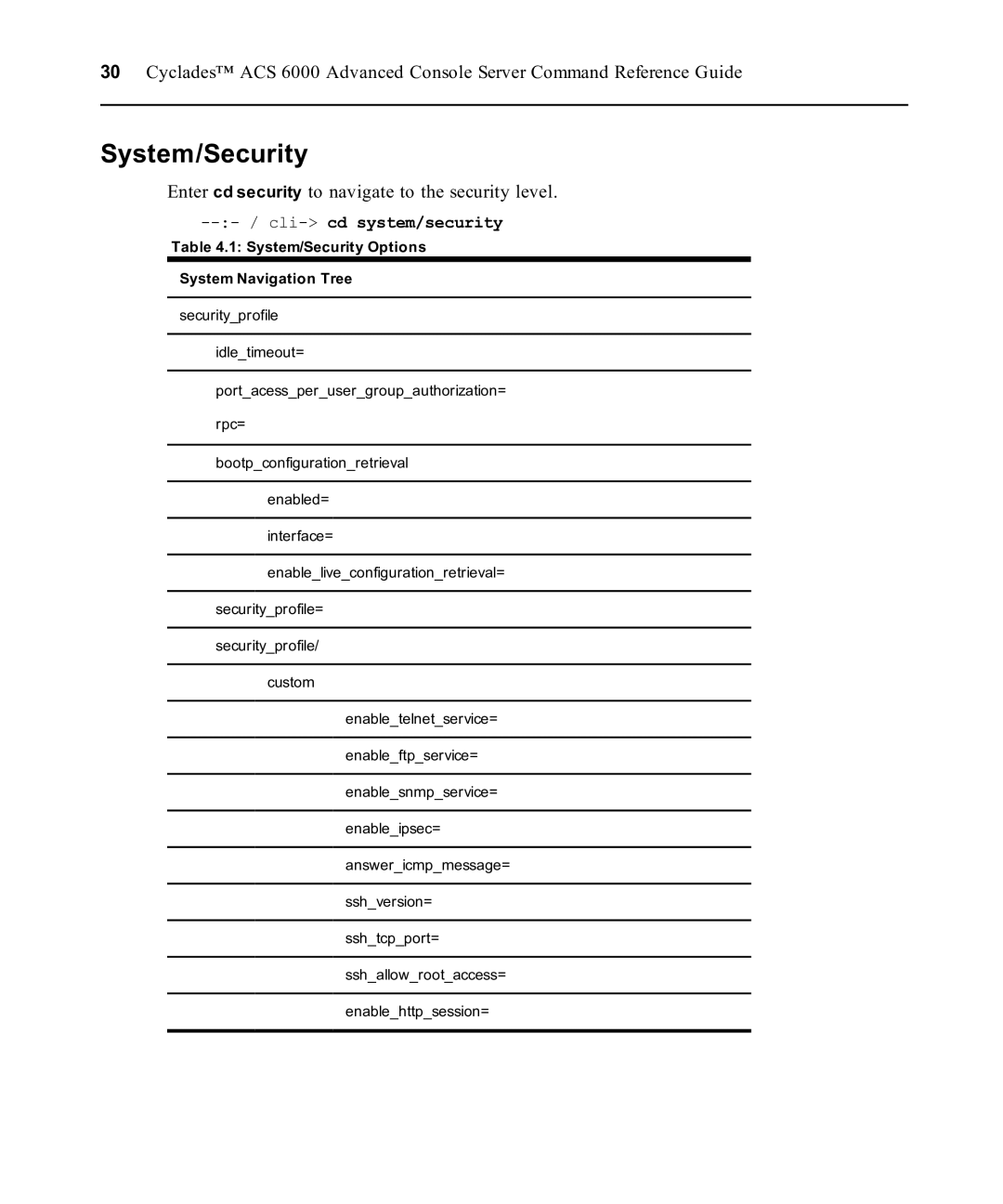 Avocent ACS 6000 manual System/Security, Enter cd security to navigate to the security level 