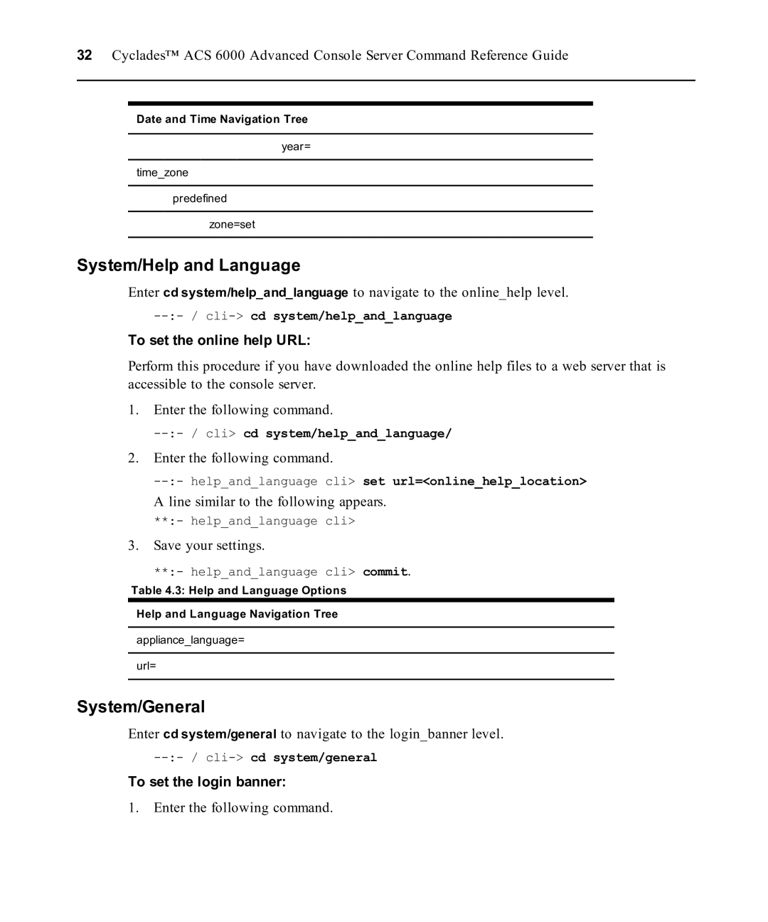 Avocent ACS 6000 manual System/Help and Language, System/General, To set the online help URL, To set the login banner 