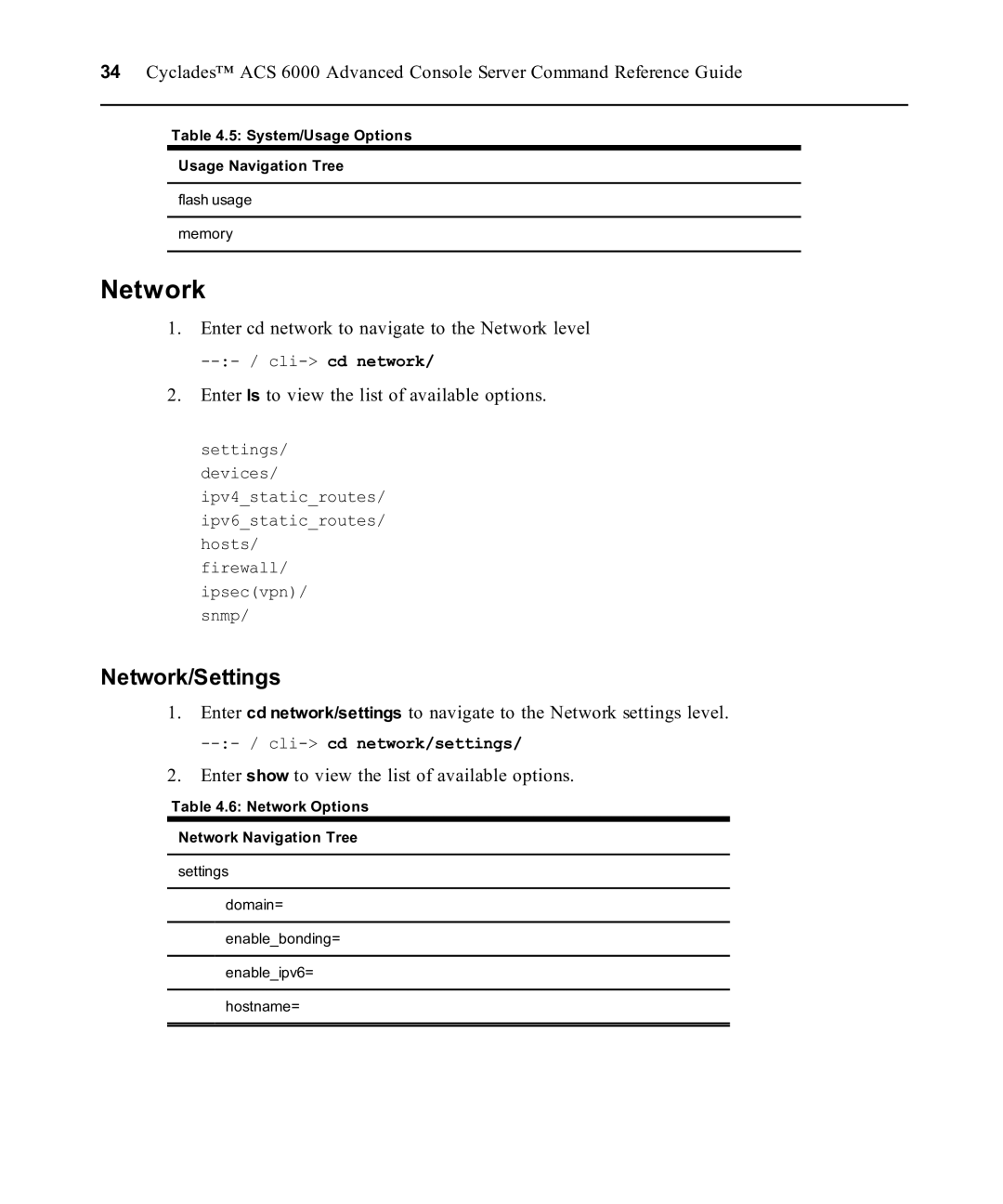 Avocent ACS 6000 manual Network/Settings, Enter cd network to navigate to the Network level 