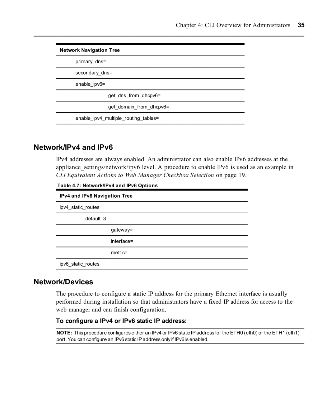 Avocent ACS 6000 manual Network/IPv4 and IPv6, Network/Devices, To configure a IPv4 or IPv6 static IP address 