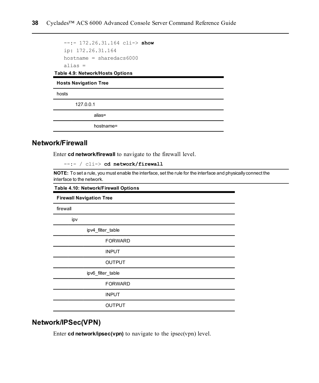 Avocent ACS 6000 manual Network/Firewall, Network/IPSecVPN, Enter cd network/firewall to navigate to the firewall level 