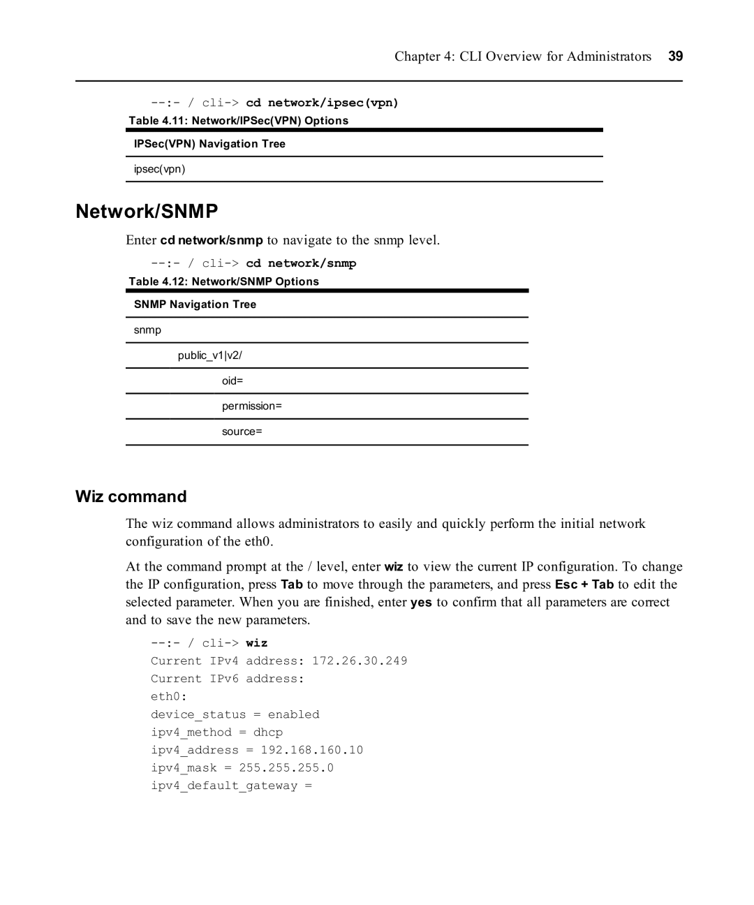 Avocent ACS 6000 manual Network/SNMP, Wiz command, Enter cd network/snmp to navigate to the snmp level 