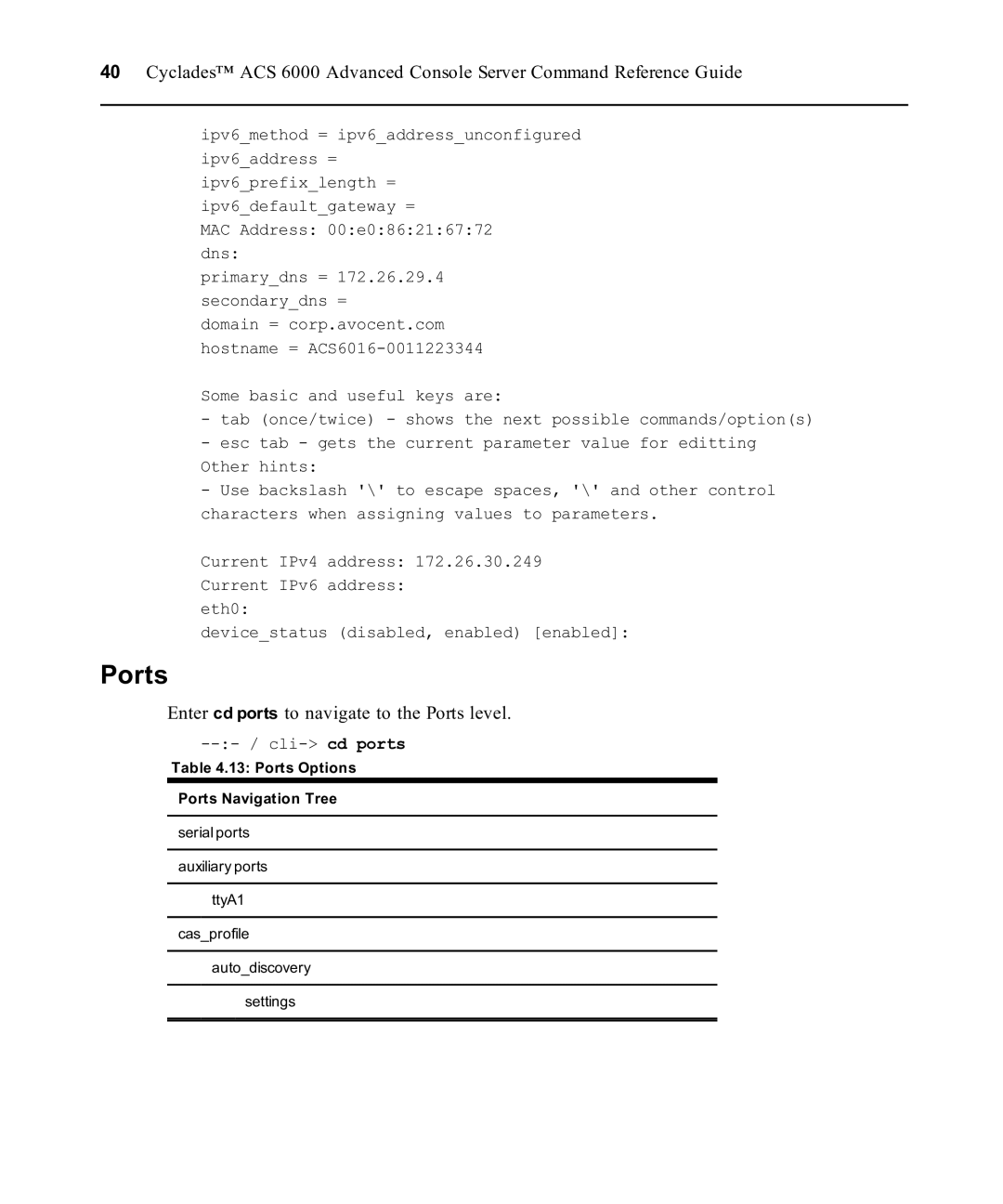 Avocent ACS 6000 manual Enter cd ports to navigate to the Ports level, Ports Options Ports Navigation Tree 