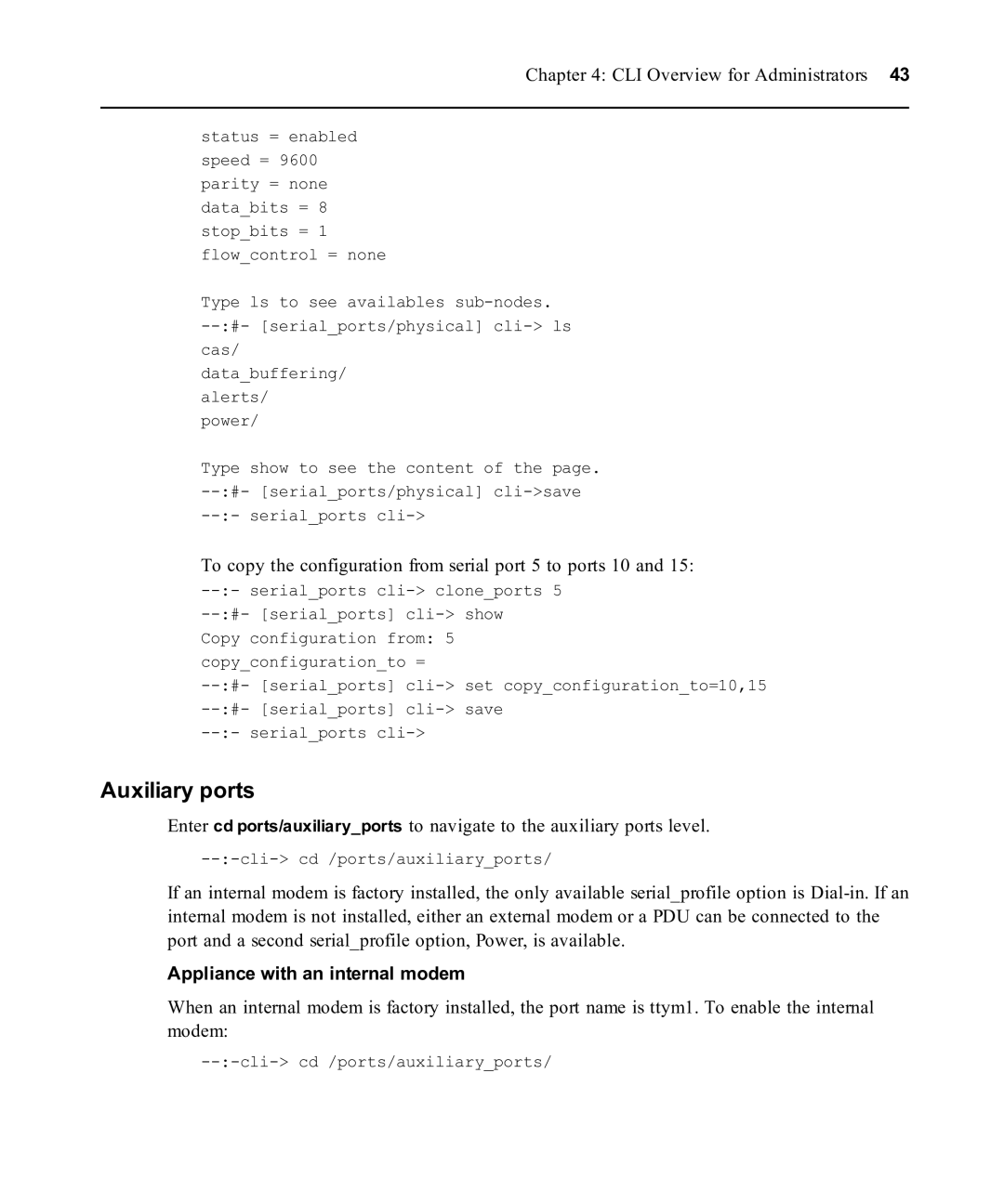 Avocent ACS 6000 manual Auxiliary ports, To copy the configuration from serial port 5 to ports 10 