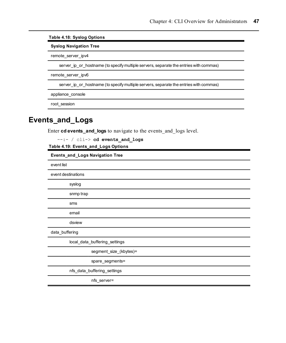 Avocent ACS 6000 manual Syslog Options Syslog Navigation Tree, EventsandLogs Options EventsandLogs Navigation Tree 