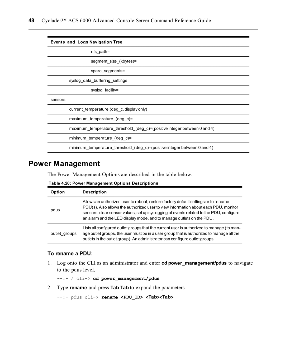 Avocent ACS 6000 manual Power Management Options are described in the table below, To rename a PDU 