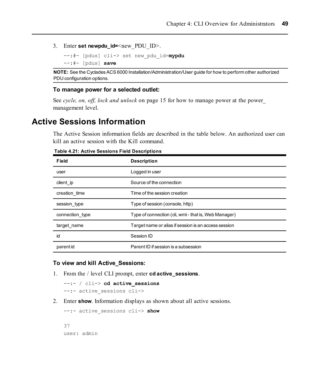 Avocent ACS 6000 manual Active Sessions Information, CLI Overview for Administrators Enter set newpduid=newPDUID 