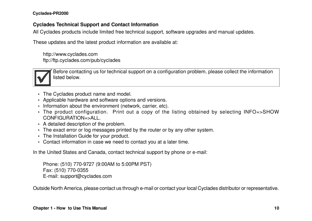 Avocent Cyclades-PR2000 installation manual Cyclades Technical Support and Contact Information, Configuration=All 