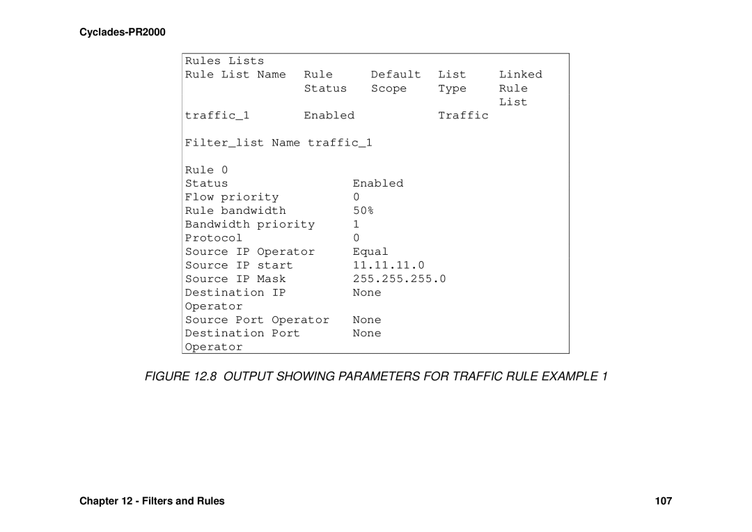 Avocent Cyclades-PR2000 installation manual Output Showing Parameters for Traffic Rule Example 