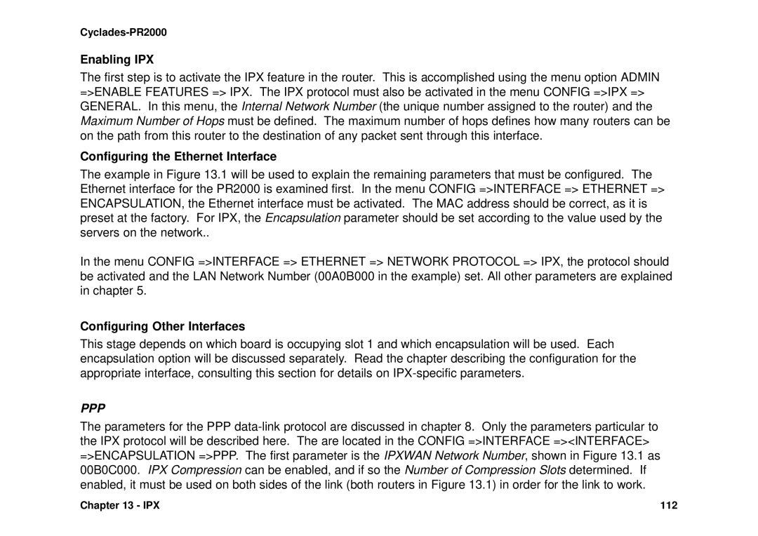 Avocent Cyclades-PR2000 installation manual Enabling IPX, Configuring the Ethernet Interface, Configuring Other Interfaces 