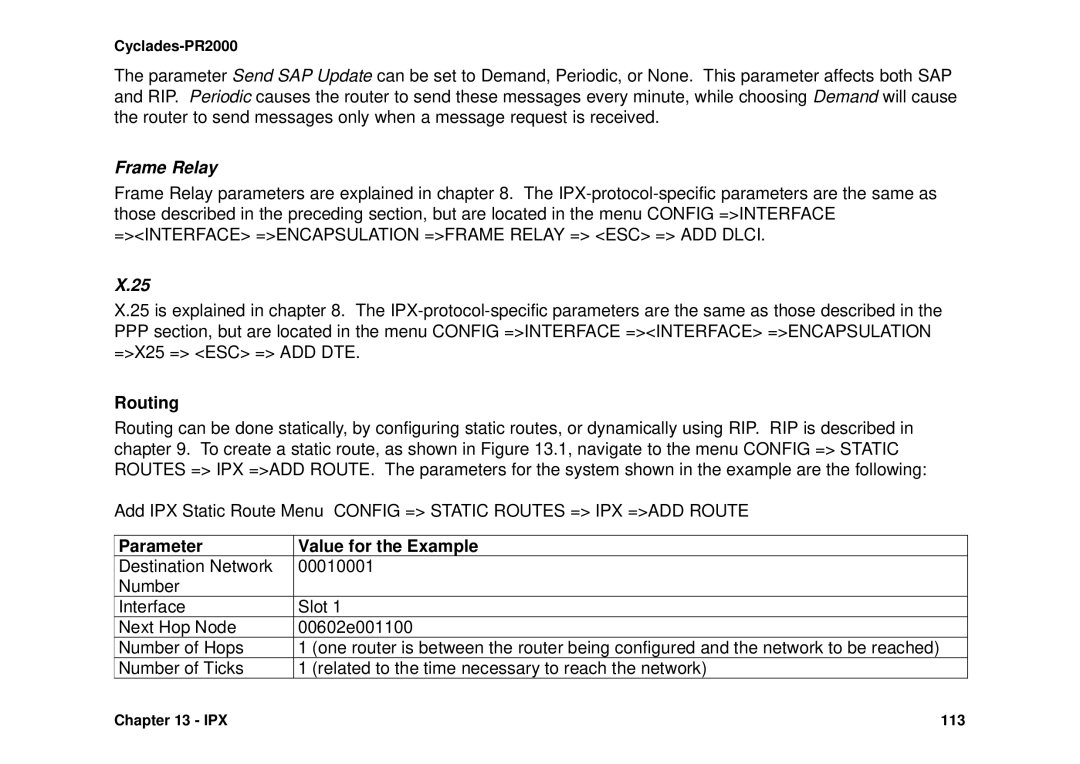 Avocent Cyclades-PR2000 installation manual Frame Relay, Routing, Parameter Value for the Example 