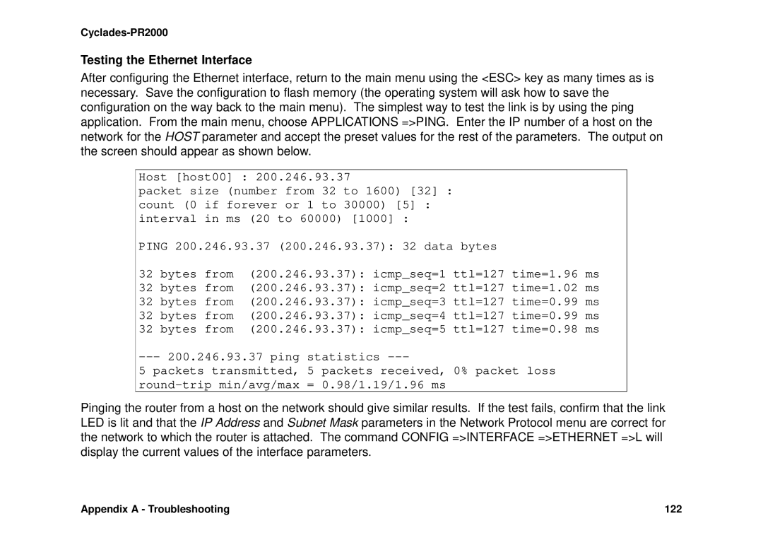 Avocent Cyclades-PR2000 installation manual Testing the Ethernet Interface, Host host00 