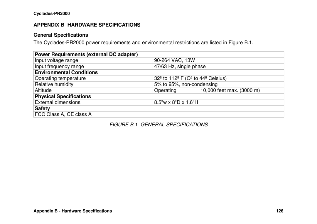 Avocent Cyclades-PR2000 installation manual Appendix B Hardware Specifications 