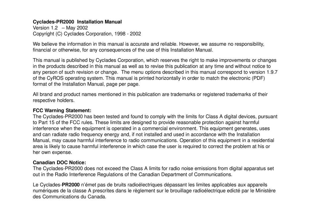 Avocent installation manual Cyclades-PR2000 Installation Manual, FCC Warning Statement, Canadian DOC Notice 