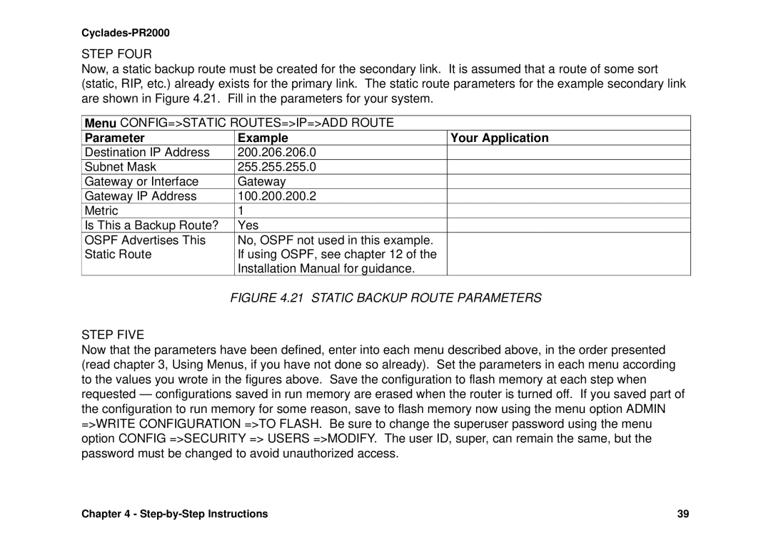 Avocent Cyclades-PR2000 installation manual Static Backup Route Parameters 