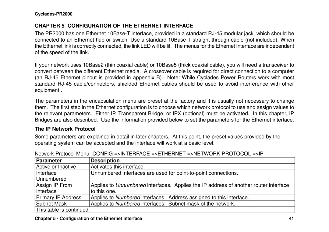 Avocent Cyclades-PR2000 Configuration of the Ethernet Interface, IP Network Protocol, Parameter Description 