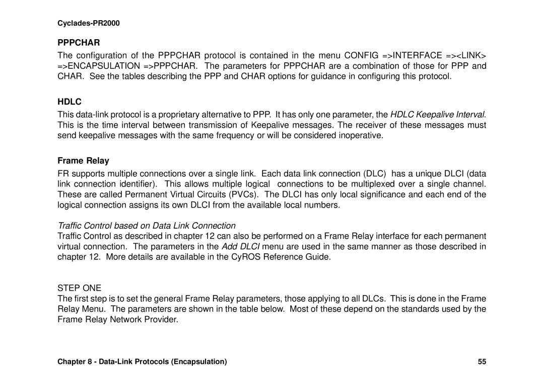 Avocent Cyclades-PR2000 installation manual Pppchar, Hdlc, Frame Relay 