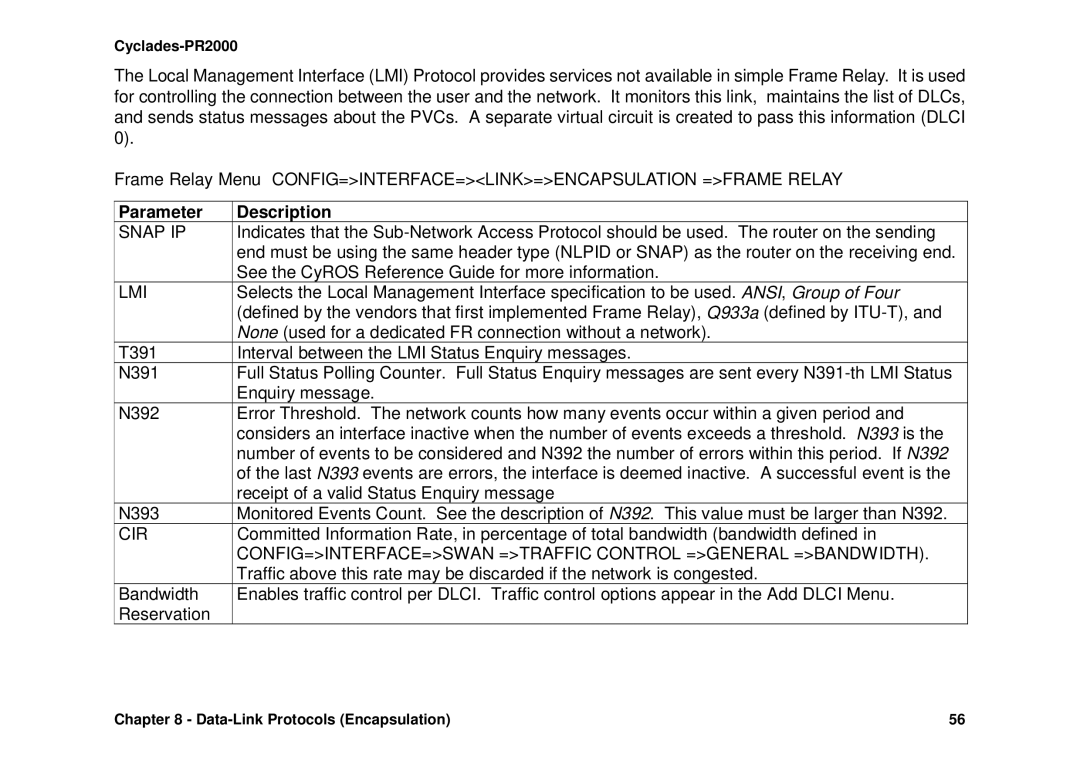 Avocent Cyclades-PR2000 installation manual T391 Interval between the LMI Status Enquiry messages N391 