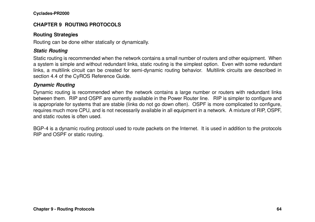 Avocent Cyclades-PR2000 installation manual Routing Protocols, Routing Strategies, Static Routing, Dynamic Routing 